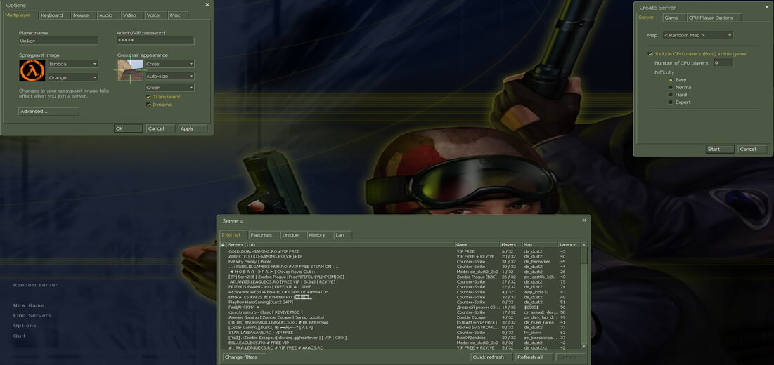 Counter-Strike 1.6 ana menü ekranı - klasik oyun arayüzü, sunucu seçimi ve ayarlar